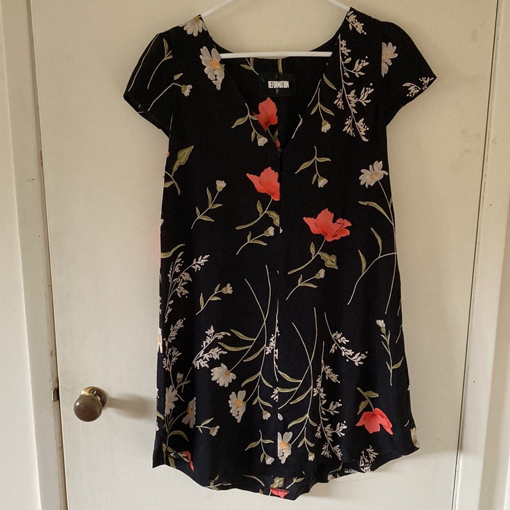 Reformation Black Floral Mini Dress with Red & Cream Flowers